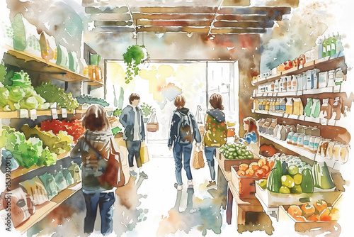 A watercolor painting depicting people browsing and purchasing fresh produce and groceries at a sunny grocery store
