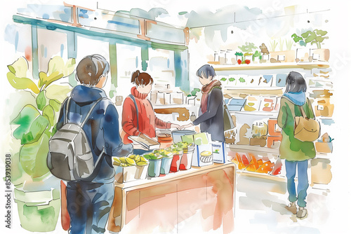 Wallpaper Mural A watercolor illustration depicts people buying groceries at a zero waste store Torontodigital.ca