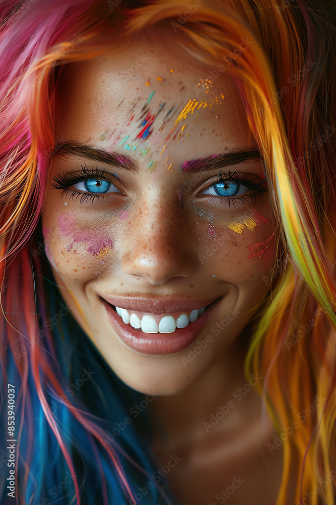 A vibrant woman with a lively smile showcasing her colorful dyed hair, reflecting her dynamic and creative personality A vibrant woman with a lively smile showcasing her colorful dyed hair, reflecting her dynamic and creative personality