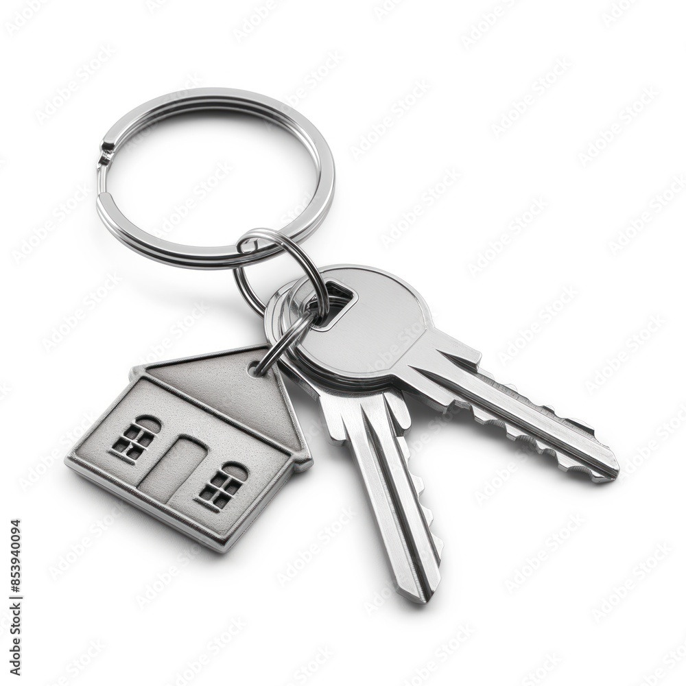 House Keys with House Shaped Keychain on White Background House Keys with House Shaped Keychain on White Background