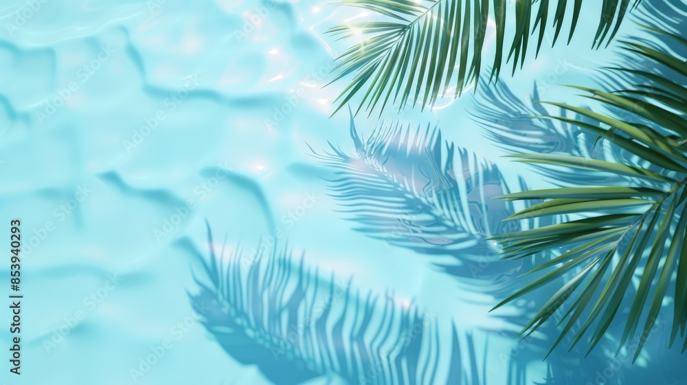 3D rendering of palm leaves shadow on the water surface in a swimming pool with a light blue background 3D rendering of palm leaves shadow on the water surface in a swimming pool with a light blue background