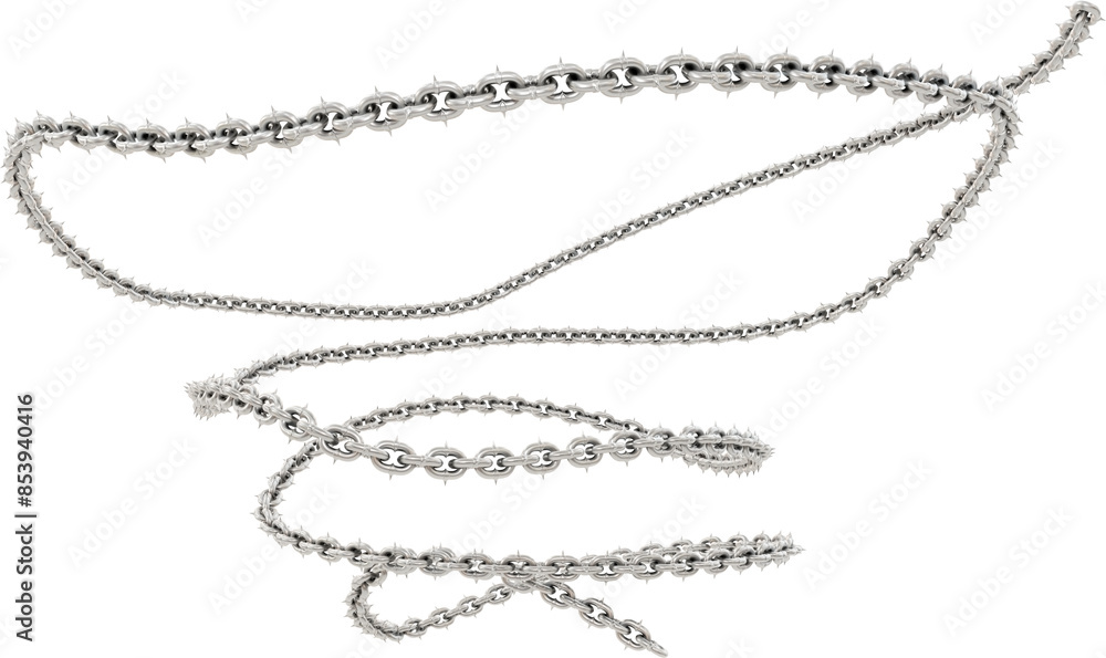 3D render captures the essence of modern art with a steel chain featuring sharp tips, intricately woven into captivating spirals (transparent background). 3D render captures the essence of modern art with a steel chain featuring sharp tips, intricately woven into captivating spirals (transparent background).