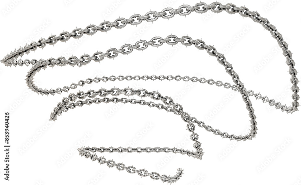 3D design asset showcases a dynamic metal form: a steel chain with sharp tips, intricately woven into captivating spirals (transparent background). 3D design asset showcases a dynamic metal form: a steel chain with sharp tips, intricately woven into captivating spirals (transparent background).