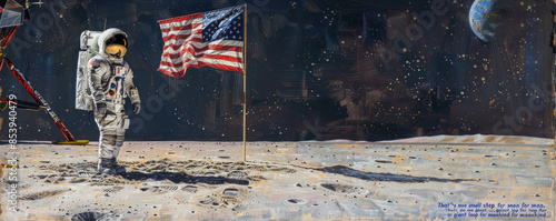 A portrait of Neil Armstrong planting the American flag on the moon, his iconic words 