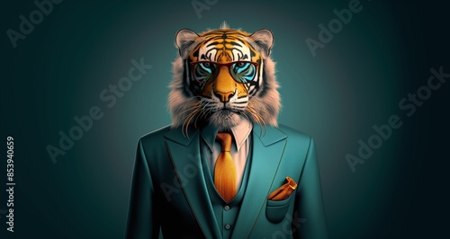 Fototapeta Naklejka Na Ścianę i Meble -  Anthropomorphic Tiger wearing fashion, Tiger fashion shows, Tiger fashion shot, animals wearing fashion, animal fashion shows, animal fashion shot


