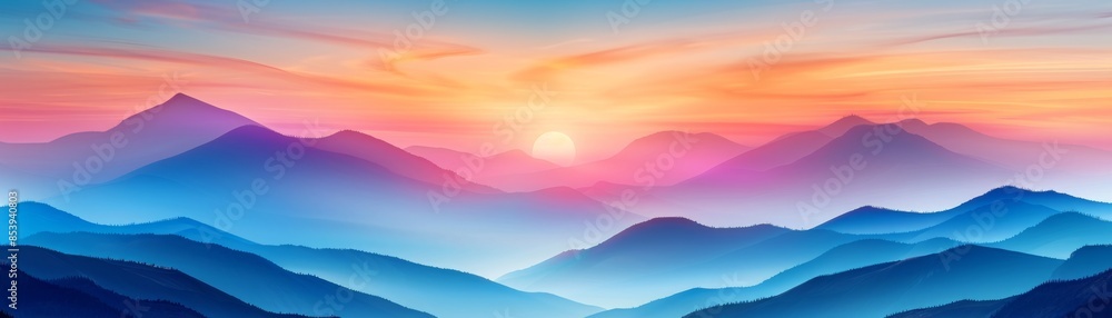 Fototapeta premium A vibrant sunrise paints the sky above a misty mountain range.