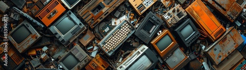 Pile of ewaste and old electronics, chaotic and cluttered, environmental issue photo