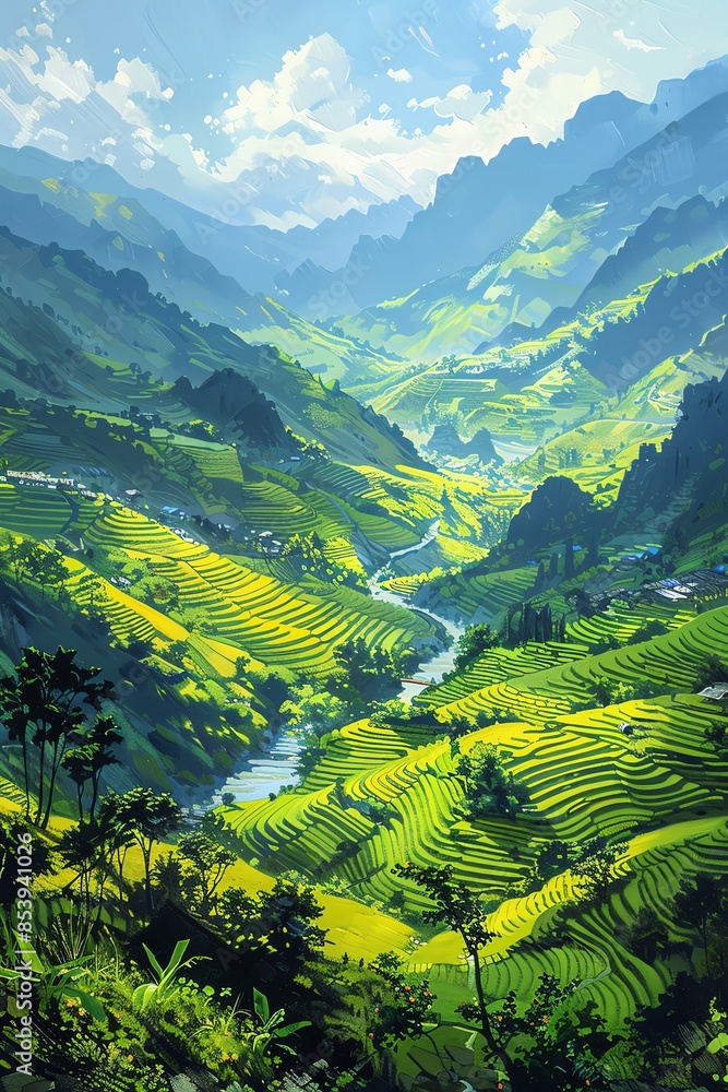 Fototapeta premium Sunlit terraced rice fields cascading down hills, with mountains in the distance