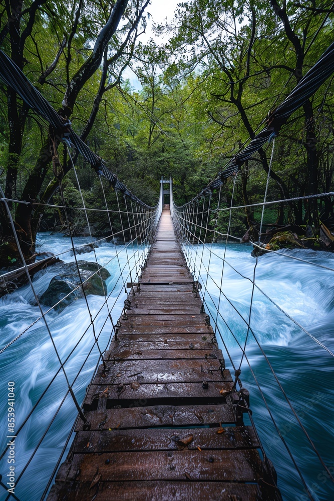 Fototapeta premium Suspension bridge over turquoise river, dynamic water flow, centered view, long exposure