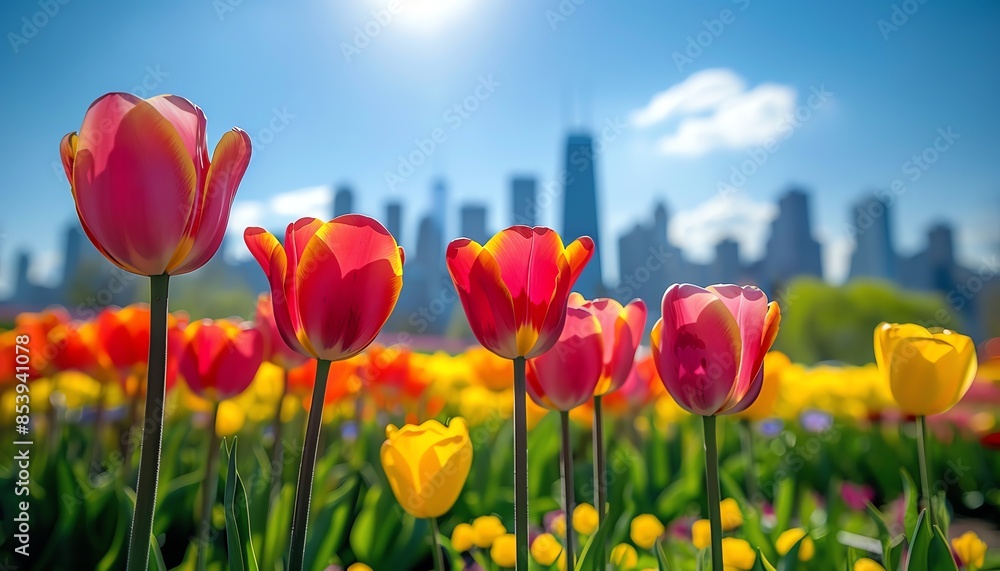 Tulips in front of a city skyline, clear sky, vibrant colors, lowangle shot Tulips in front of a city skyline, clear sky, vibrant colors, lowangle shot