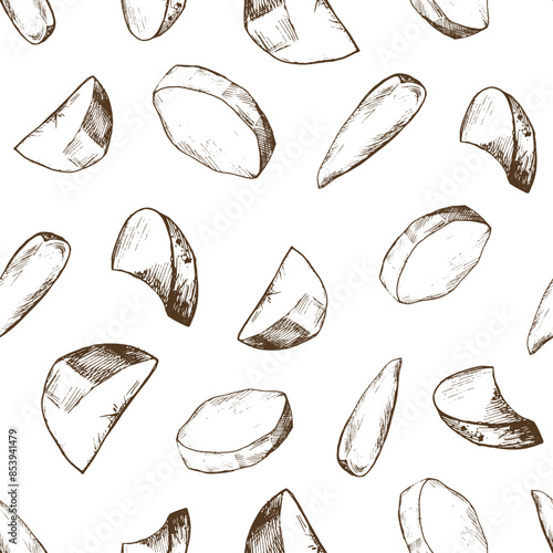 White potatoes, peeled sliced. Graphic illustration hand drawn in brown ink. Seamless pattern EPS vector on the theme of harvest cooking, food, packaging, vegetable shop design.