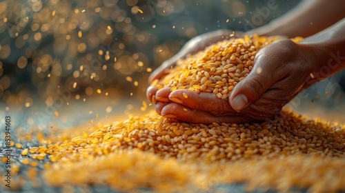 A close-up of a farmer's hands skillfully tying bundles of harvested rice, the golden grains glistening in the sunlight.