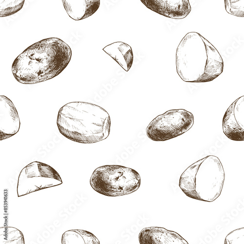 White potatoes, peeled whole tubers and slices . Graphic illustration hand drawn in brown ink. Seamless pattern EPS vector on the theme of harvest cooking, food, packaging, vegetable shop design.