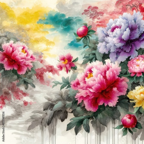 Fototapeta Naklejka Na Ścianę i Meble -  Exquisite watercolor painting of Chinese peonies in traditional Chinese style, ideal for elegant and cultural designs.