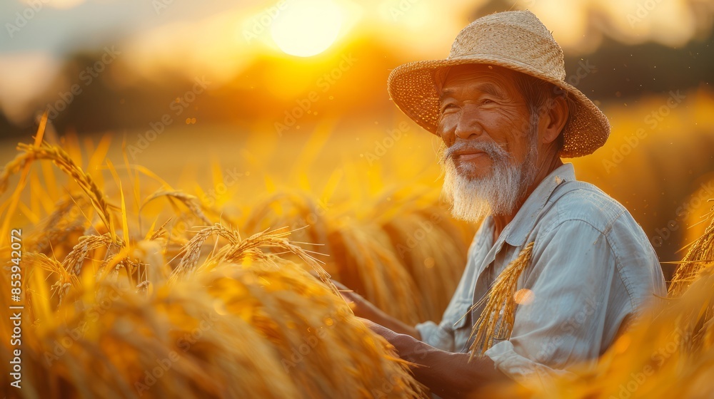 A farmer using a sickle to cut golden rice stalks in a sunlit field, showcasing traditional harvesting methods, isolated on a white background. A farmer using a sickle to cut golden rice stalks in a sunlit field, showcasing traditional harvesting methods, isolated on a white background.