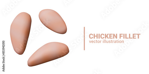 Set of chicken fillet on white background. Realistic boneless, skinless bird meat