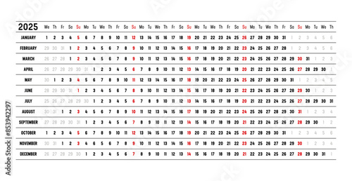 Year 2025 wall calendar with aligned dates, in English. One page timeline, linear and horizontal