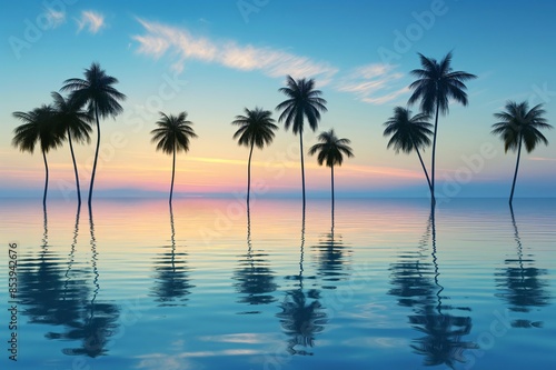 Illustration of silhouetted palm trees reflecting on calm ocean water against a serene sunset sky with gentle clouds