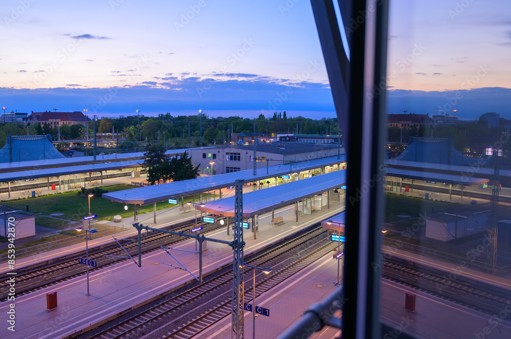 Magdeburg, Germany - May 05, 2024: View of an empty Magdeburg Main Station at a summer evening.