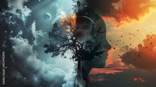 Creative depiction of bipolar disorder with contrasting day and night scenes.


 photo