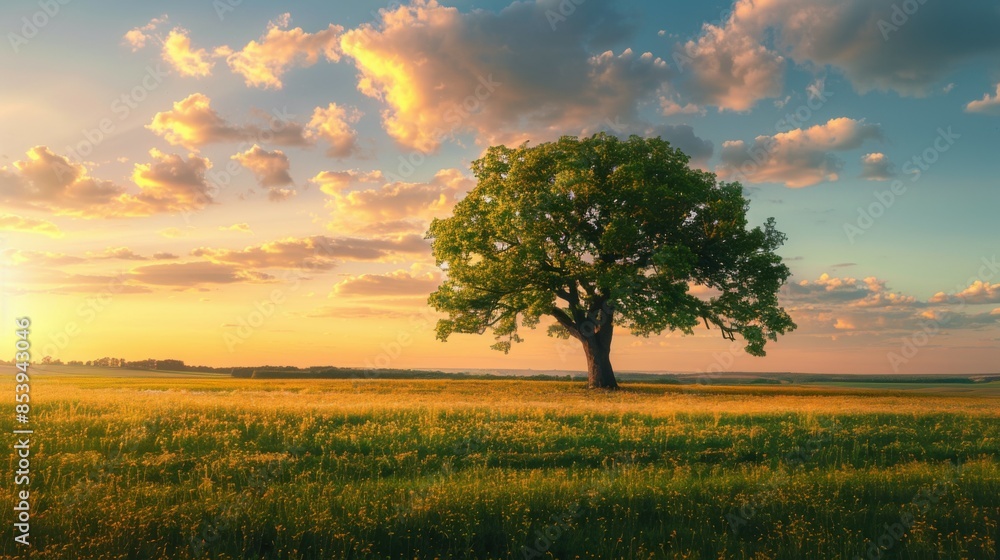 Obraz premium lonely large green tree at sunset in a field.