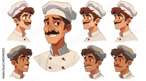 Chef Character Design with Apron and Cap, 6 Expressions, Flat 2D on White Background