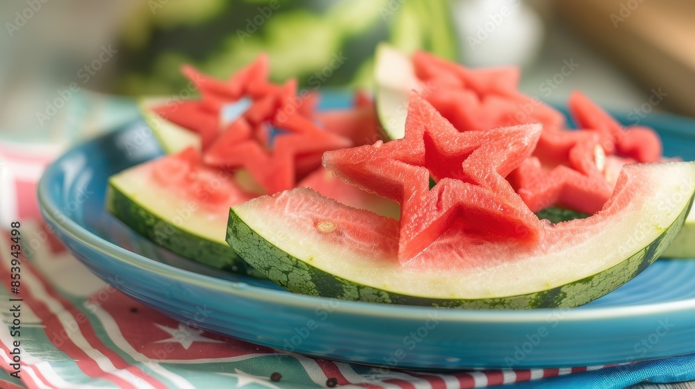 Fresh Watermelon Slice with Star Cutouts on Blue Plate - Patriotic Summer Snack Close-Up Fresh Watermelon Slice with Star Cutouts on Blue Plate - Patriotic Summer Snack Close-Up