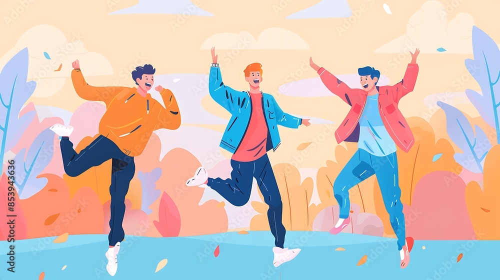Three Joyful Friends Jumping in an Autumnal Park Three Joyful Friends Jumping in an Autumnal Park