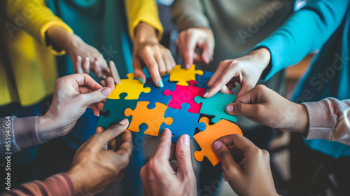 Mental health awareness with diverse hands holding puzzle pieces together.


