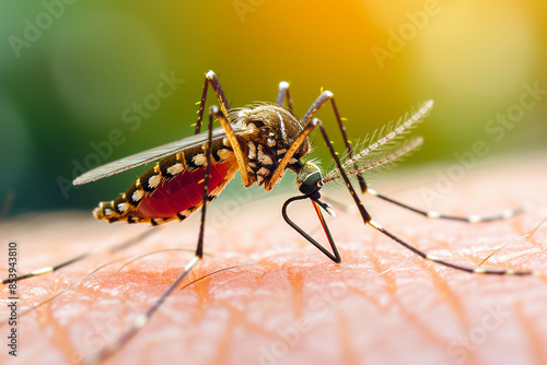 The image shows a close-up of a mosquito sitting on a person's skin.