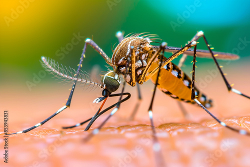 The image shows a close-up of a mosquito sitting on a person's skin.