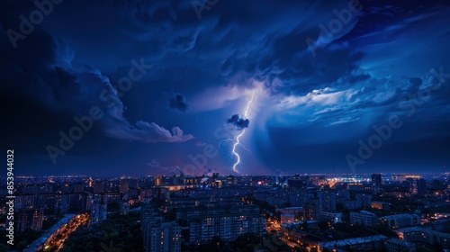 Fototapeta Naklejka Na Ścianę i Meble -  photo of lightning against the backdrop of a large modern city with tall buildings.