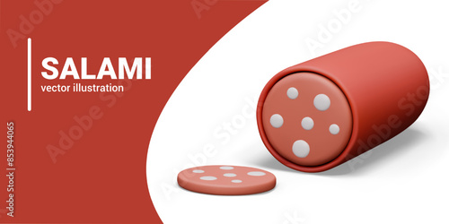 Realistic salami in cartoon style. Sausage with cut off peeled circle piece