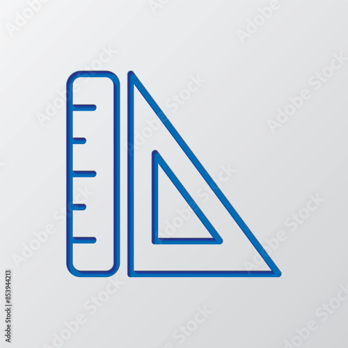 Ruler simple icon, vector. Flar design. Paper cut design. Cutted blue symbol with shadow. Gray background