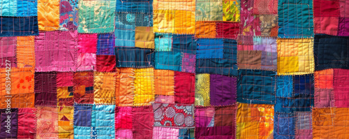 A colorful patchwork quilt, its squares of fabric sewn together with love and care.