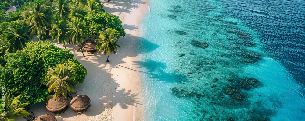 Fototapeta premium A serene beach scene in the Maldives, with pristine white sand, turquoise waters, and swaying palm trees creating a paradise-like setting.