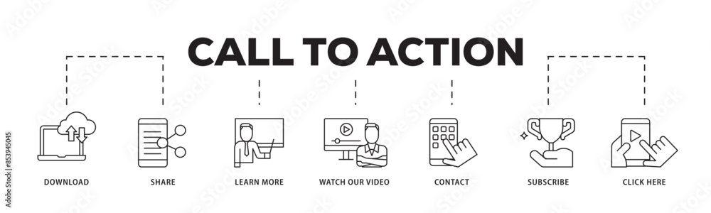 Call to action icon infographic illustration concept with icon of click here, watch our video, subscribe, contact, learn more, share, download icon live stroke and easy to edit Call to action icon infographic illustration concept with icon of click here, watch our video, subscribe, contact, learn more, share, download icon live stroke and easy to edit