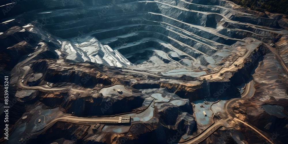 Fototapeta premium Aerial view of openpit mine with terraces and roads for mining. Concept Mining Operations, Open Pit Mine, Terraced Landscape, Aerial View, Mining Infrastructure