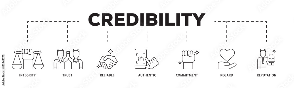 Credibility icon infographic illustration concept with icon of integrity, trust, reliable, authentic, commitment, regard, and reputation icon live stroke and easy to edit Credibility icon infographic illustration concept with icon of integrity, trust, reliable, authentic, commitment, regard, and reputation icon live stroke and easy to edit