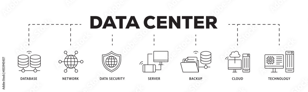 Data center icon infographic illustration concept with icon of database, network, data security, server, backup, cloud and technology icon live stroke and easy to edit Data center icon infographic illustration concept with icon of database, network, data security, server, backup, cloud and technology icon live stroke and easy to edit