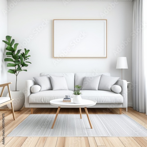 Minimalist living room interior with white sofa, coffee table, and a plant. A large framed picture hangs on the wall.