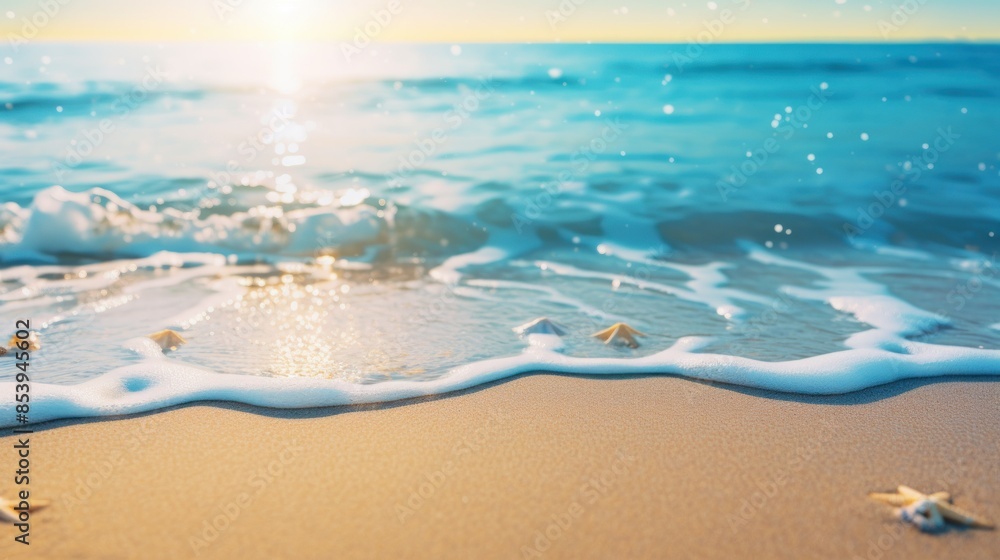Sand and sea foam. Sunny beach with gentle waves under a clear blue sky. Sand and sea foam. Sunny beach with gentle waves under a clear blue sky.