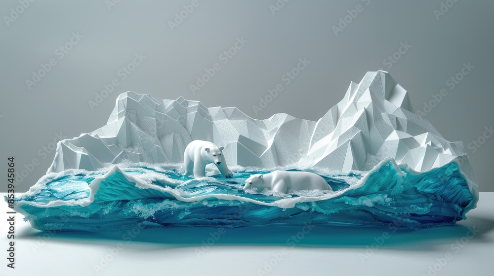 Two polar bears explore a 3D model of icy terrain with rugged mountains and choppy blue waters, representing the Arctic environment. Two polar bears explore a 3D model of icy terrain with rugged mountains and choppy blue waters, representing the Arctic environment.