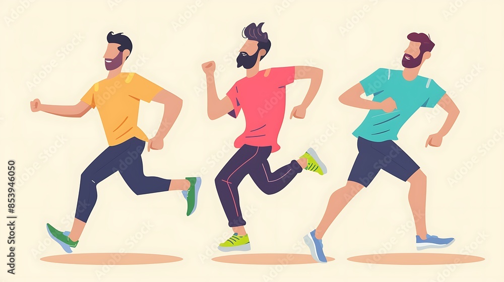 Three Men Running in a Row, a Colorful Illustration Three Men Running in a Row, a Colorful Illustration