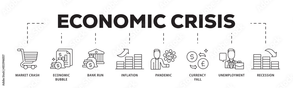 Economic crisis icon infographic illustration concept with icon of recession, unemployment, inflation, currency fall, pandemic, bank run icon live stroke and easy to edit Economic crisis icon infographic illustration concept with icon of recession, unemployment, inflation, currency fall, pandemic, bank run icon live stroke and easy to edit
