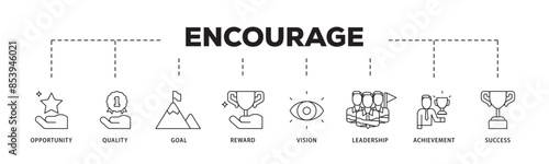 Encourage icon infographic illustration concept with icon of opportunity, quality, goal, reward, vision, leadership, achievement, success icon live stroke and easy to edit 