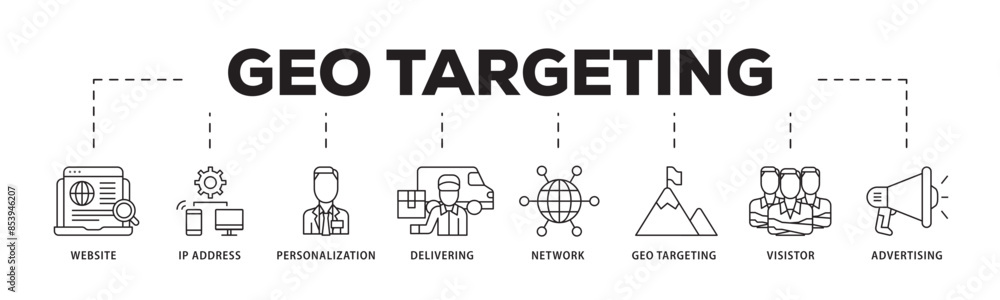 Geo targeting icon infographic illustration concept with icon of website, ip address, personalization, delivering, network, geo targeting, visistor, advertising icon live stroke and easy to edit Geo targeting icon infographic illustration concept with icon of website, ip address, personalization, delivering, network, geo targeting, visistor, advertising icon live stroke and easy to edit