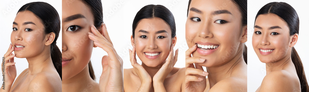 Collage of a beautiful Korean woman in various poses against a white background, showcasing natural beauty and skincare. Collage of a beautiful Korean woman in various poses against a white background, showcasing natural beauty and skincare.