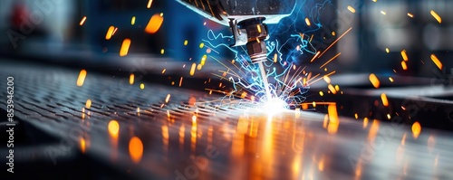 Detailed view of a welder s sparks flying during metalwork in an industrial setting, craftsmanship, industrial fabrication, dynamic action shot photo