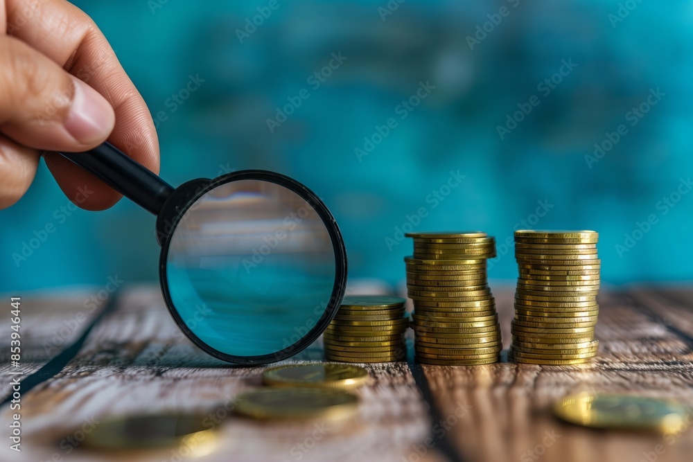 Fototapeta premium Magnifying Glass Inspecting Stacked Coins